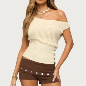 Buttoned Off Shoulder Crochet Top